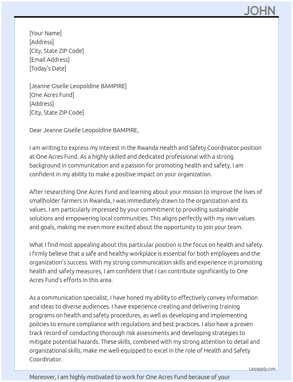 Rwanda health and safety coordinator  At One Acres Fund  Cover Letter
