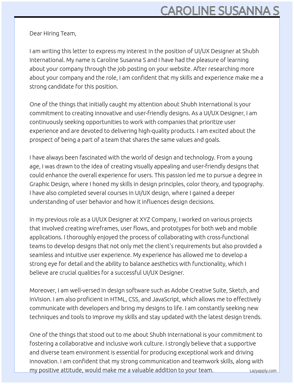 UI/UX Designer At Shubh International Cover Letter