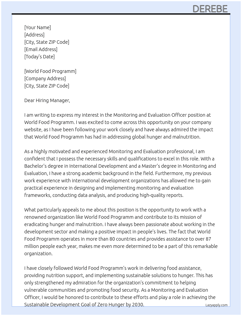 Monitoring and Evaluation Officer At World Food Programm Cover Letter