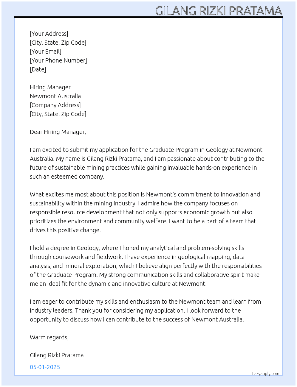 Graduate program geology At Newmont australia Cover Letter
