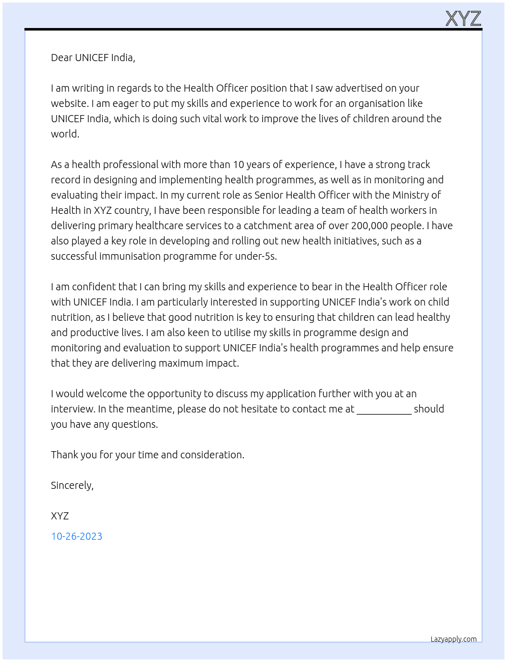 Health Officer NOB At UNICEF INDIA Cover Letter
