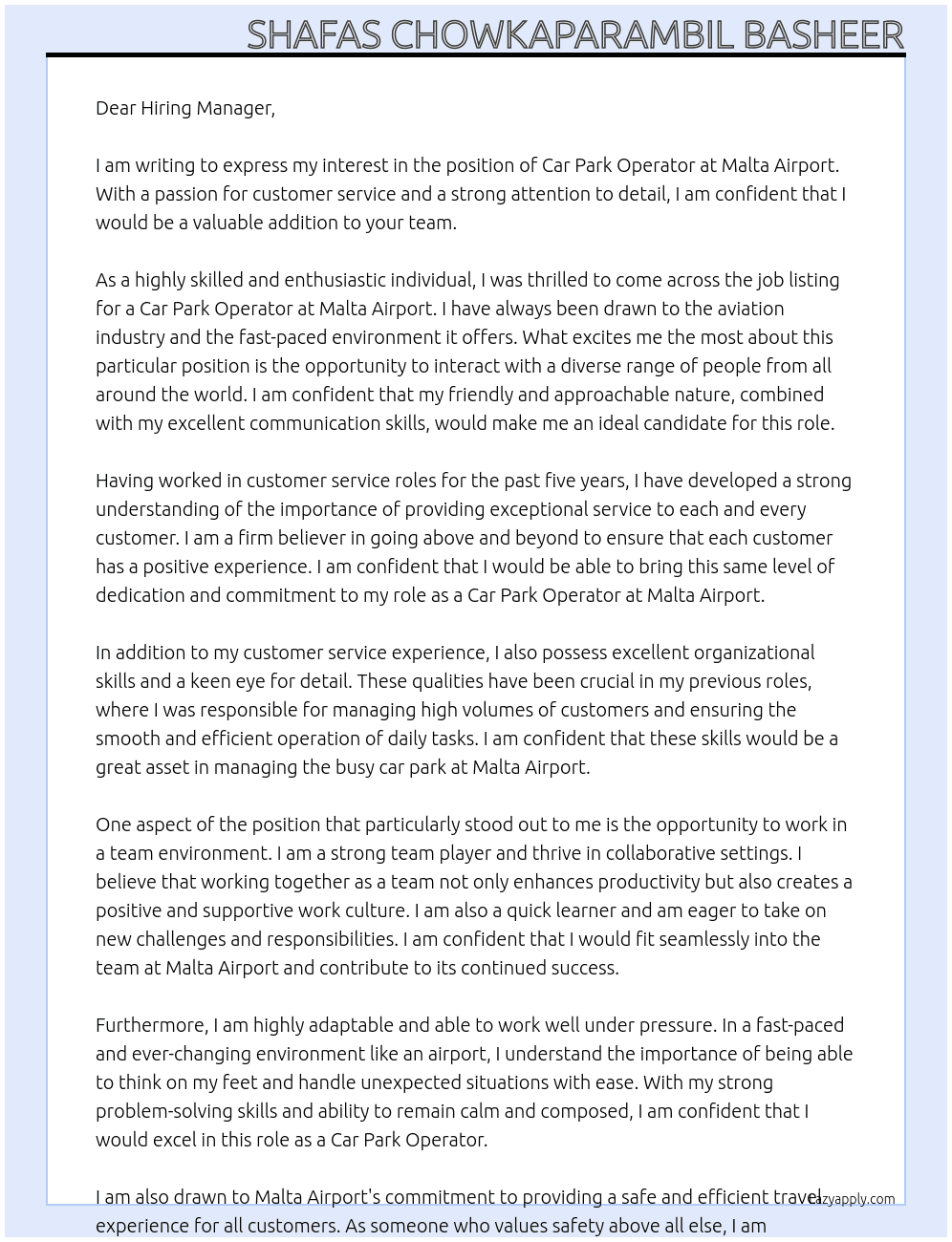 Cark park operator At Malta Airport Cover Letter