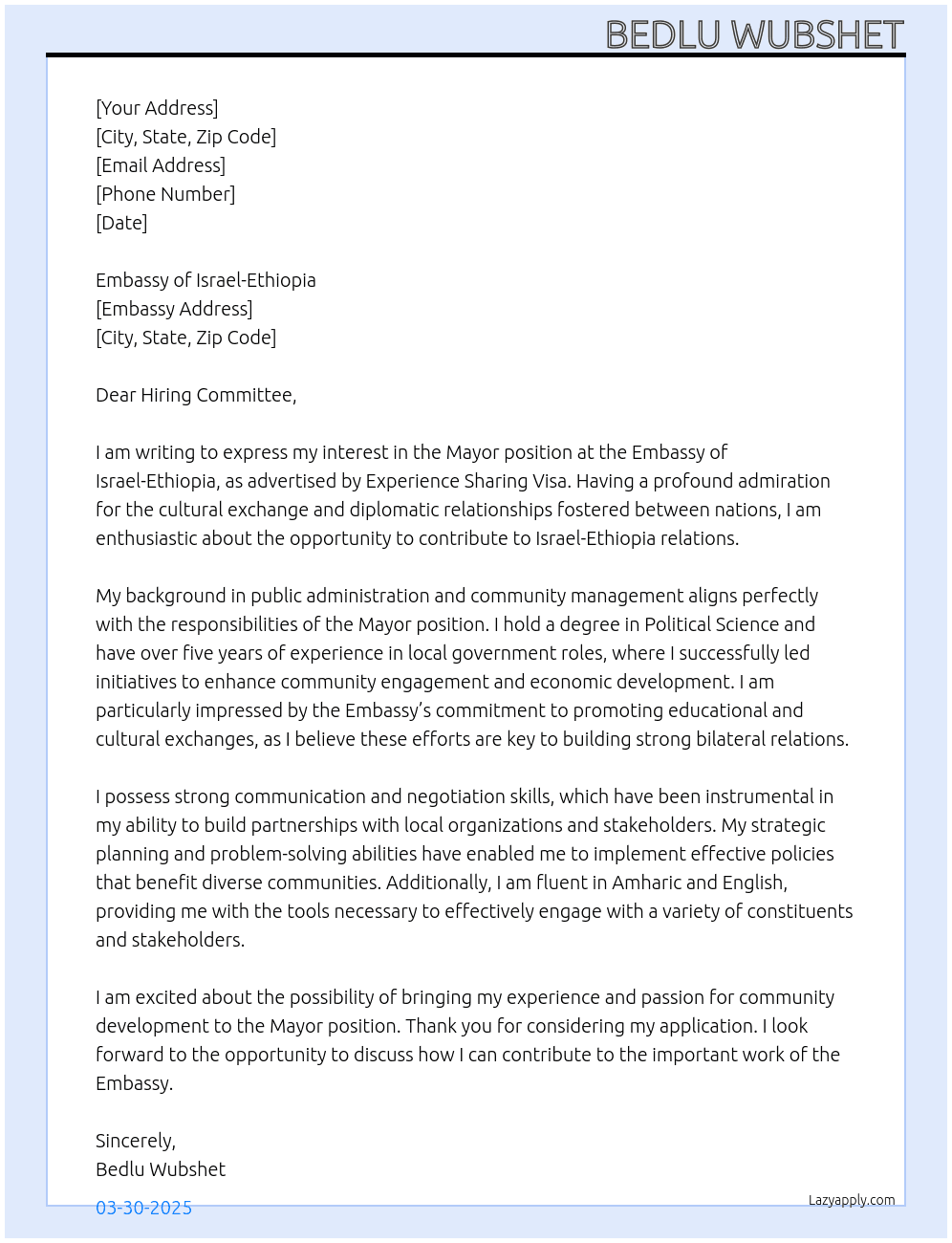 Mayor At exprience sharing Visa Cover Letter