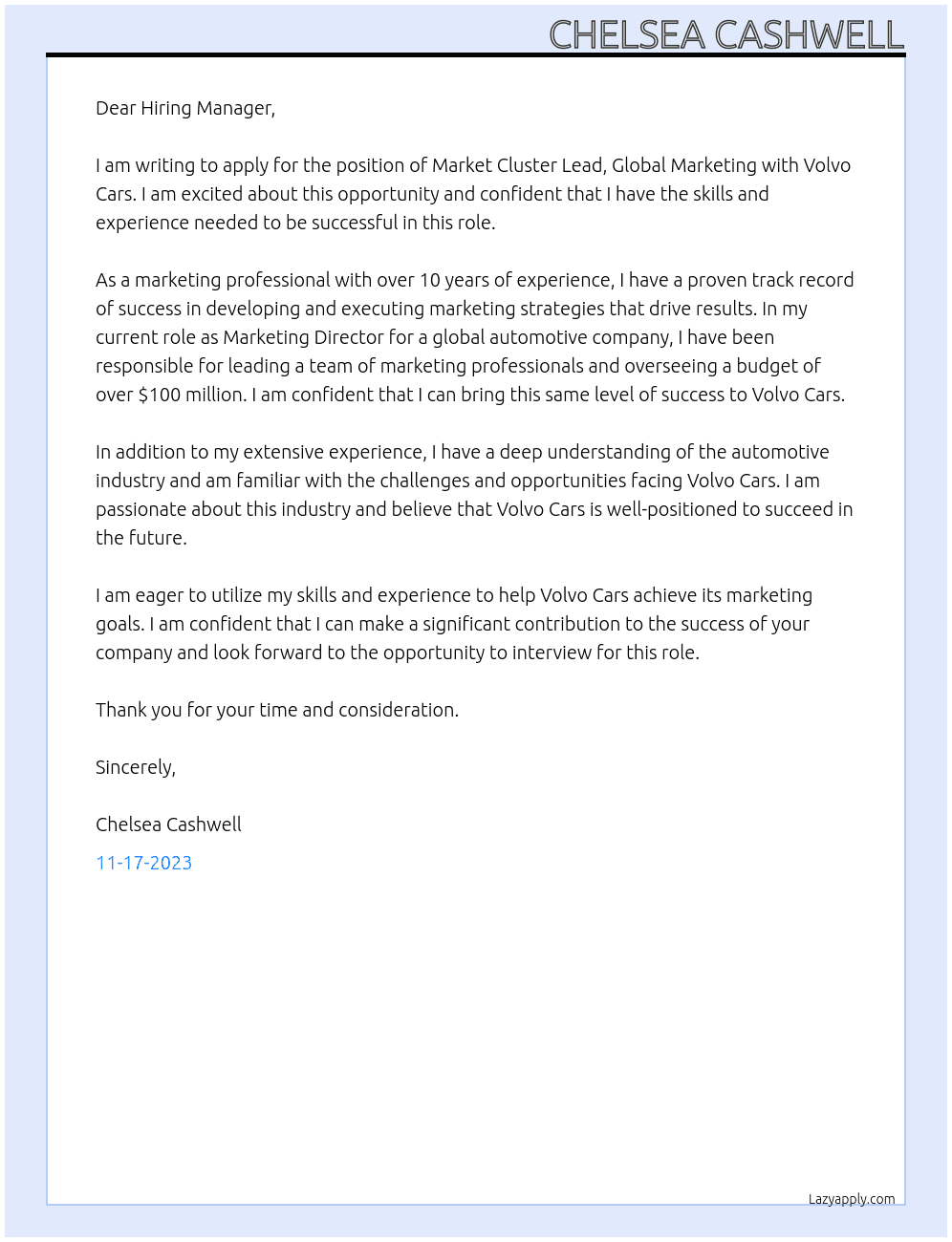 Market Cluster Lead, Global Marketing At Volvo Cars Cover Letter