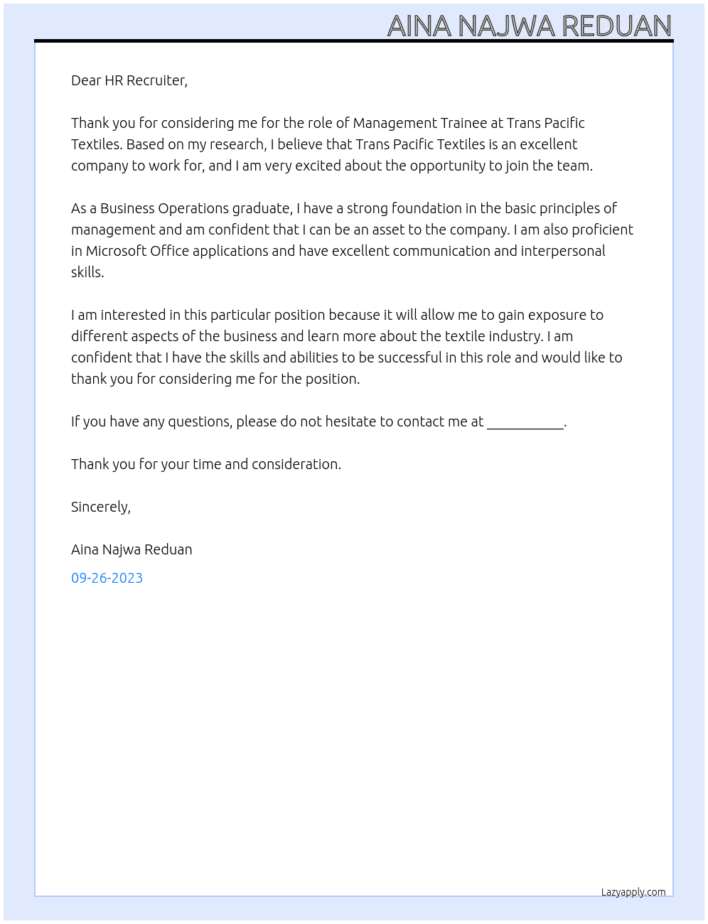 Management Trainee At Trans Pacific Textiles Cover Letter