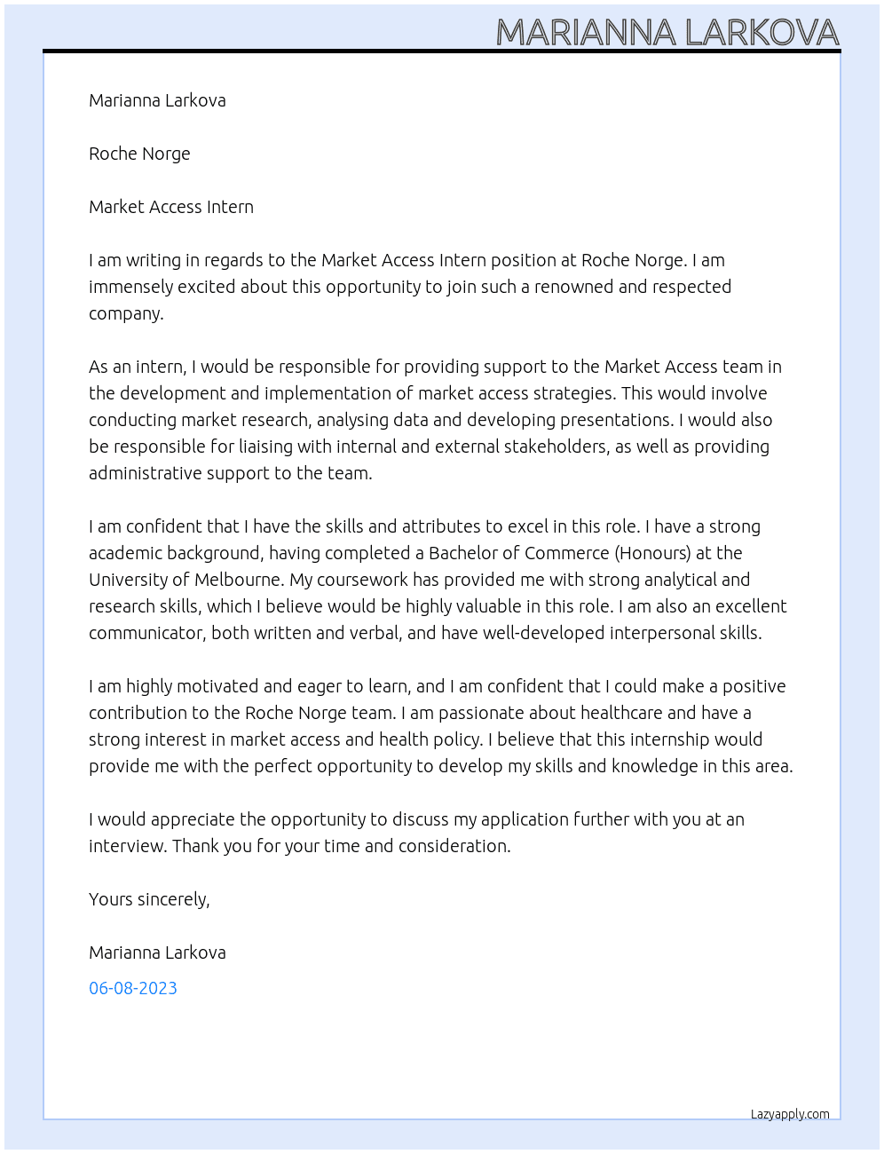 Market access intern At Roche Norge Cover Letter