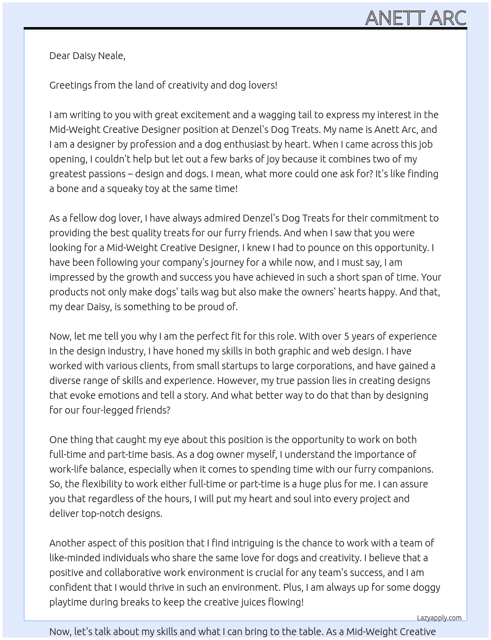 Mid-Weight Creative Designer (Full-Time or Part-Time) At Denzel's Dog Treats Cover Letter