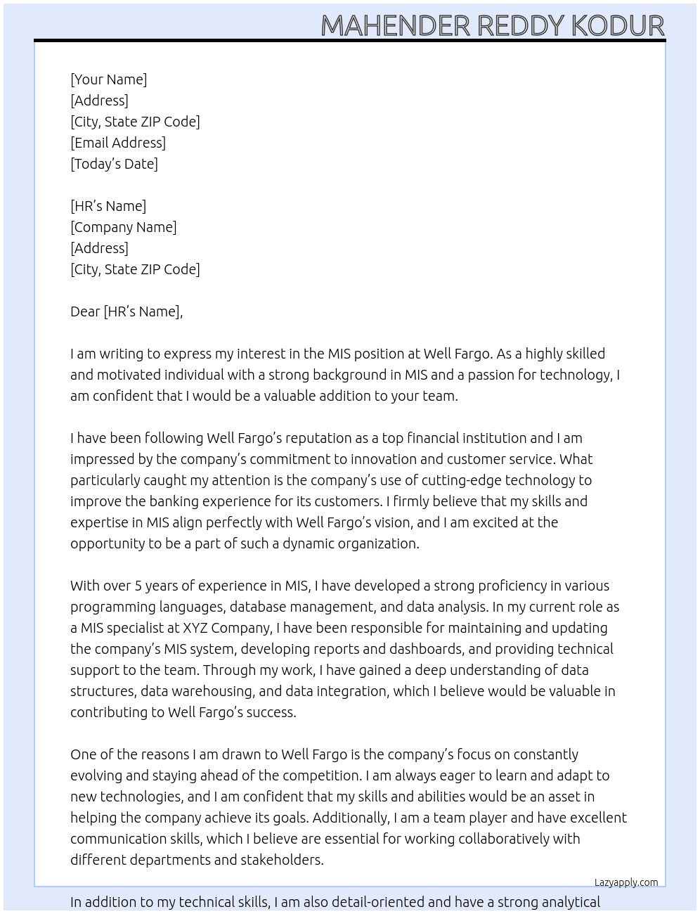 Cover letter for mis - LazyApply