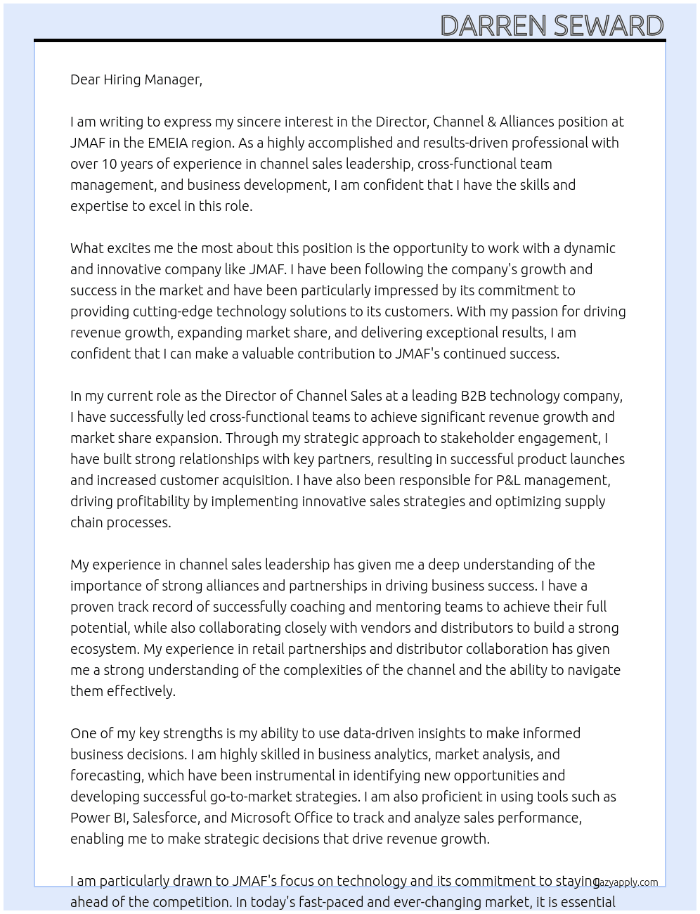 Director, Channel & Alliances | EMEIA At JMAF Cover Letter