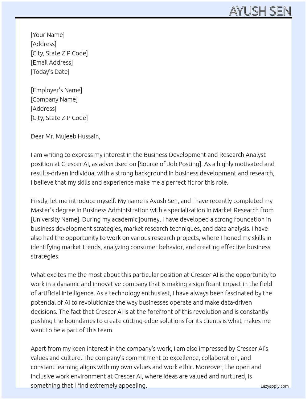Business Development and Research Analyst At Crescer AI Cover Letter