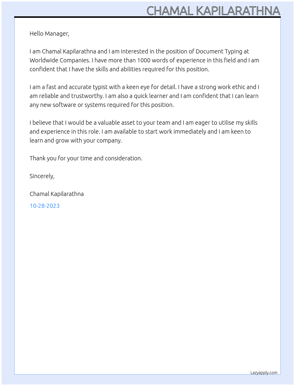 Document Typing At Worldwide Companies Cover Letter