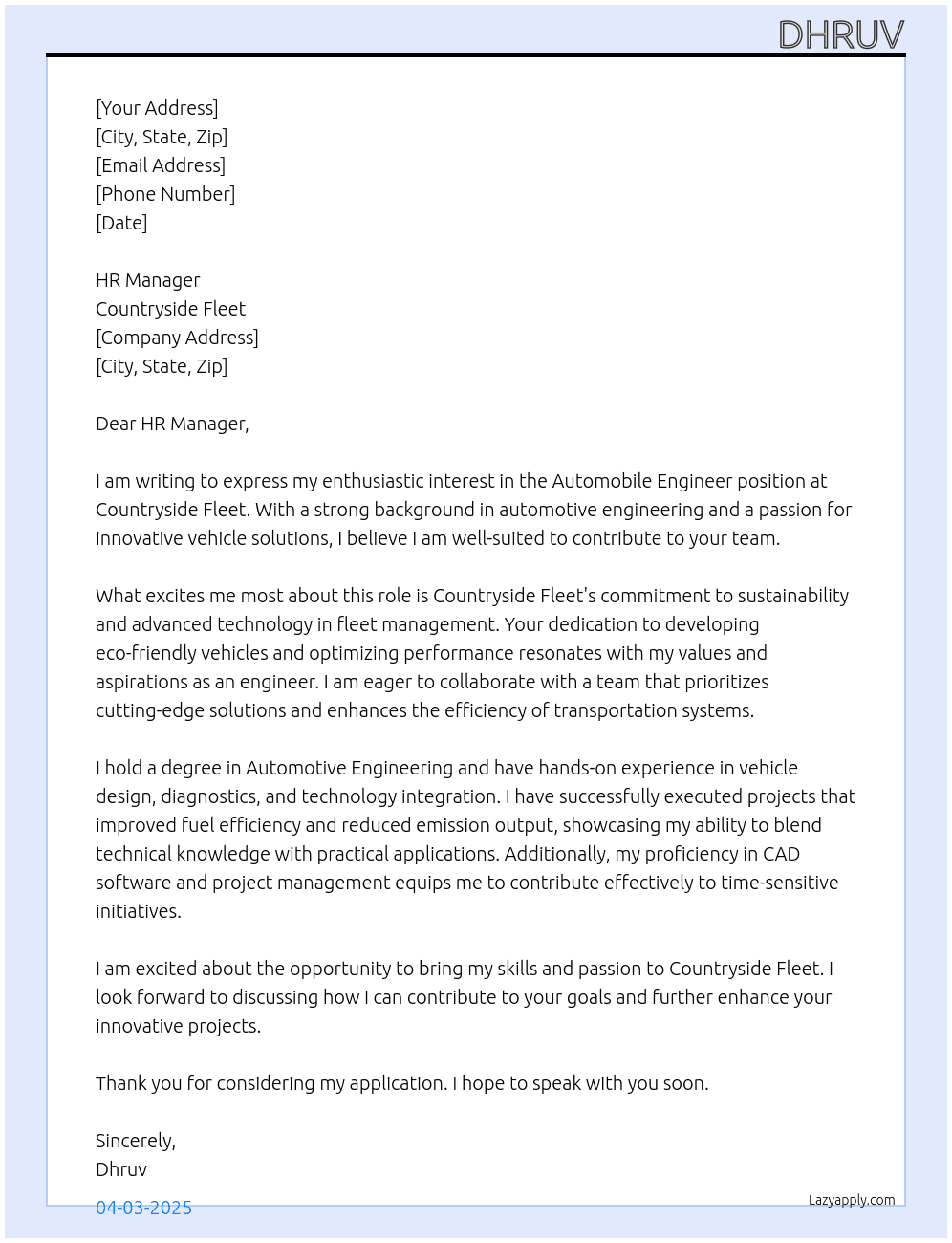 automobile Engineer At Countryside Fleet Cover Letter