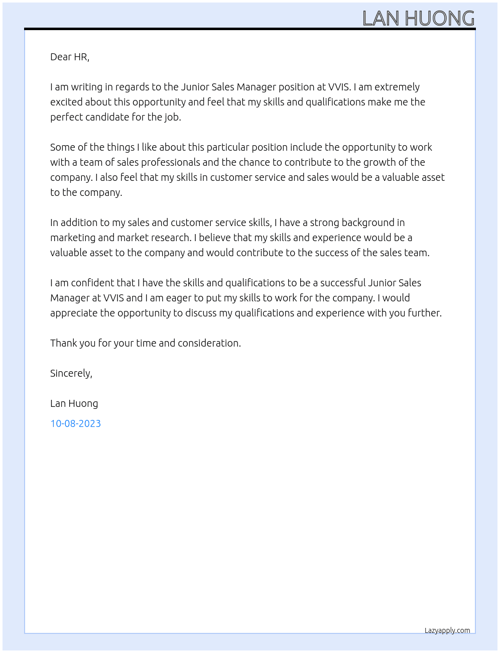 Junior sales manager At VVIS Cover Letter
