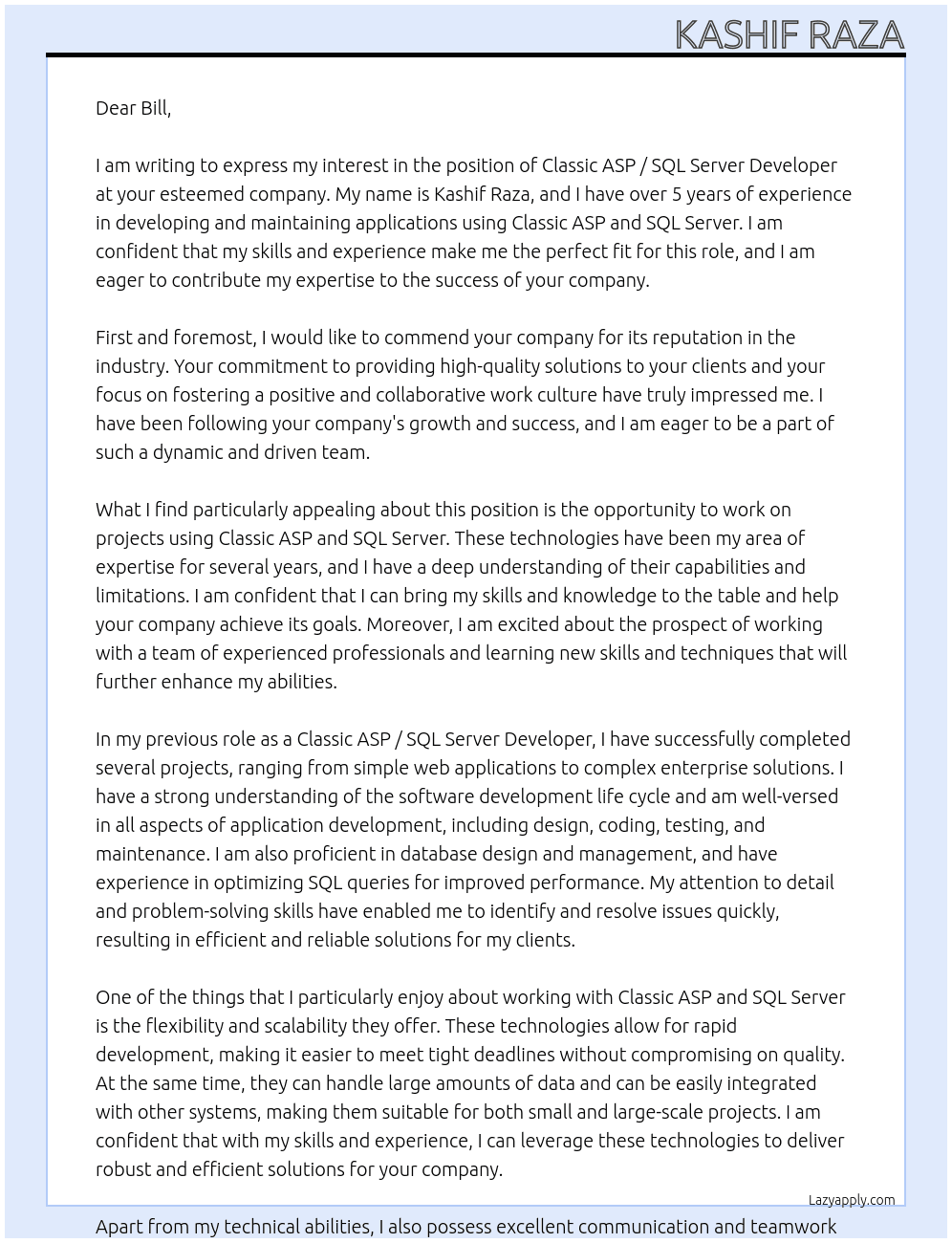 Classic ASP / SQL Server Developer At bill  Cover Letter