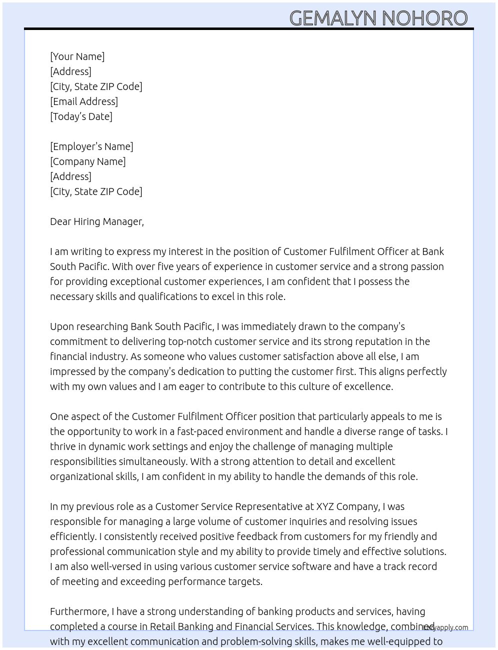 Customer Fulfilment Officer At Bank South Pacific  Cover Letter