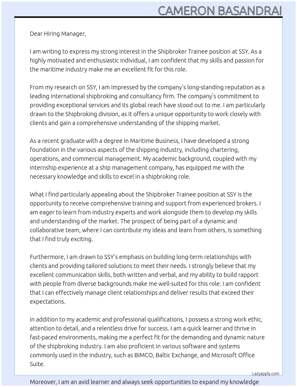 shipbroker trainee At SSY Cover Letter
