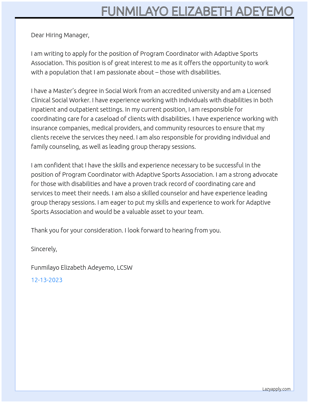 Program Coordinator  At Adaptive Sports Association Cover Letter