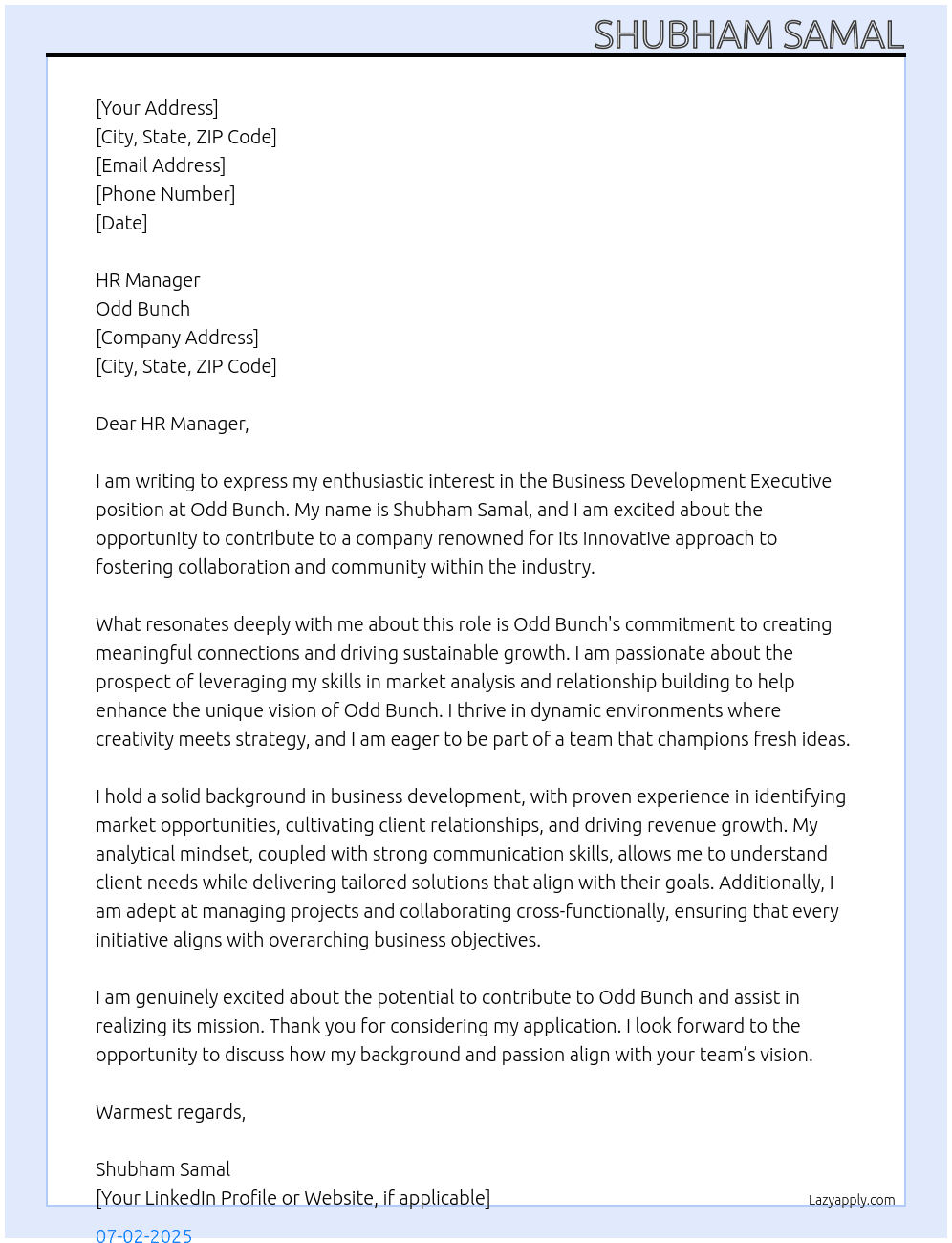 Business Development Executive At Odd Bunch Cover Letter