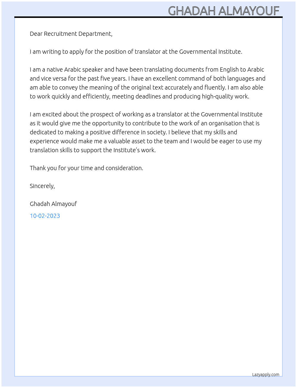 Translator  At Governmental Institute  Cover Letter