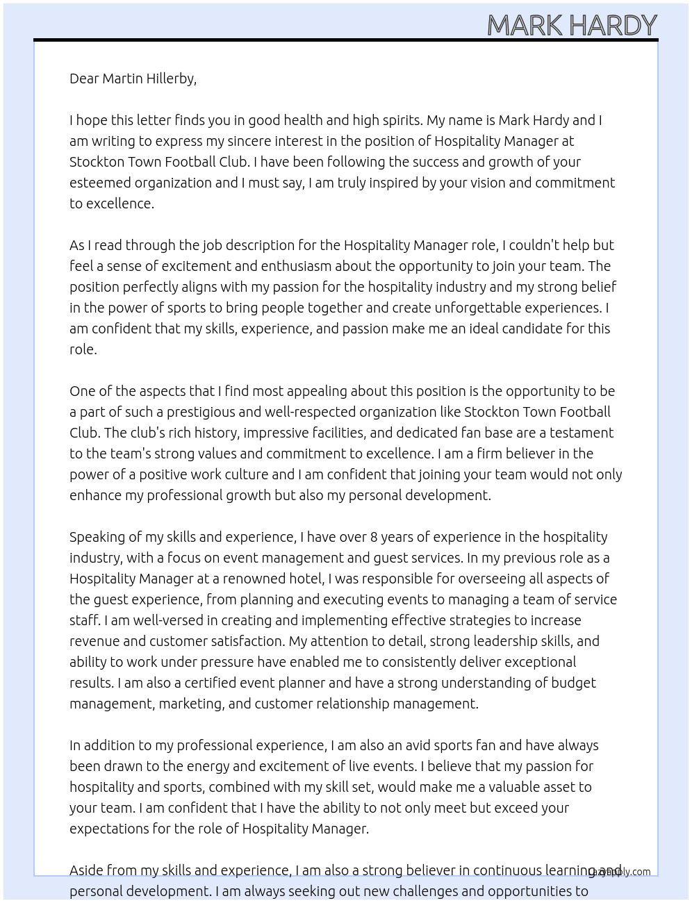 Hospitality Manager At Stockton Town Football Club Cover Letter