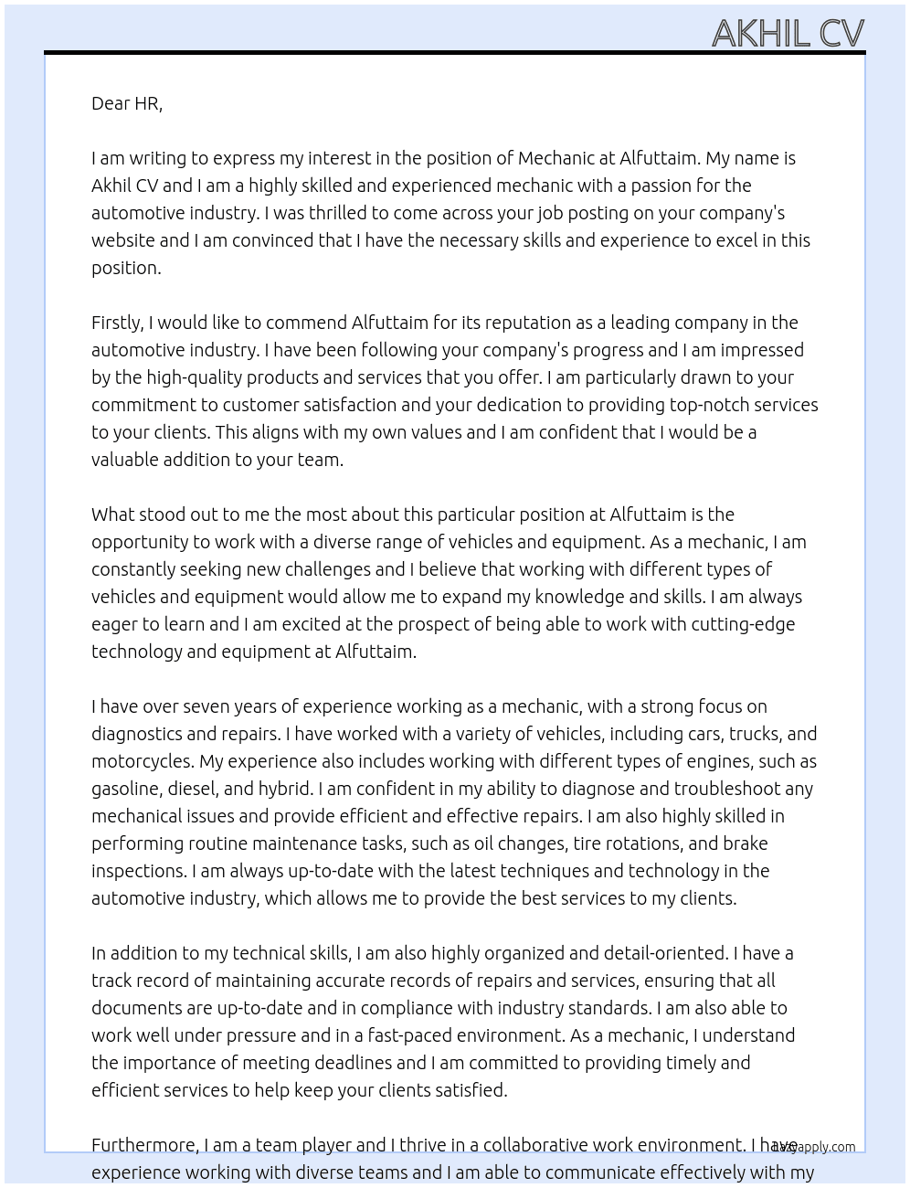 Mechanic At Alfuttaim Cover Letter
