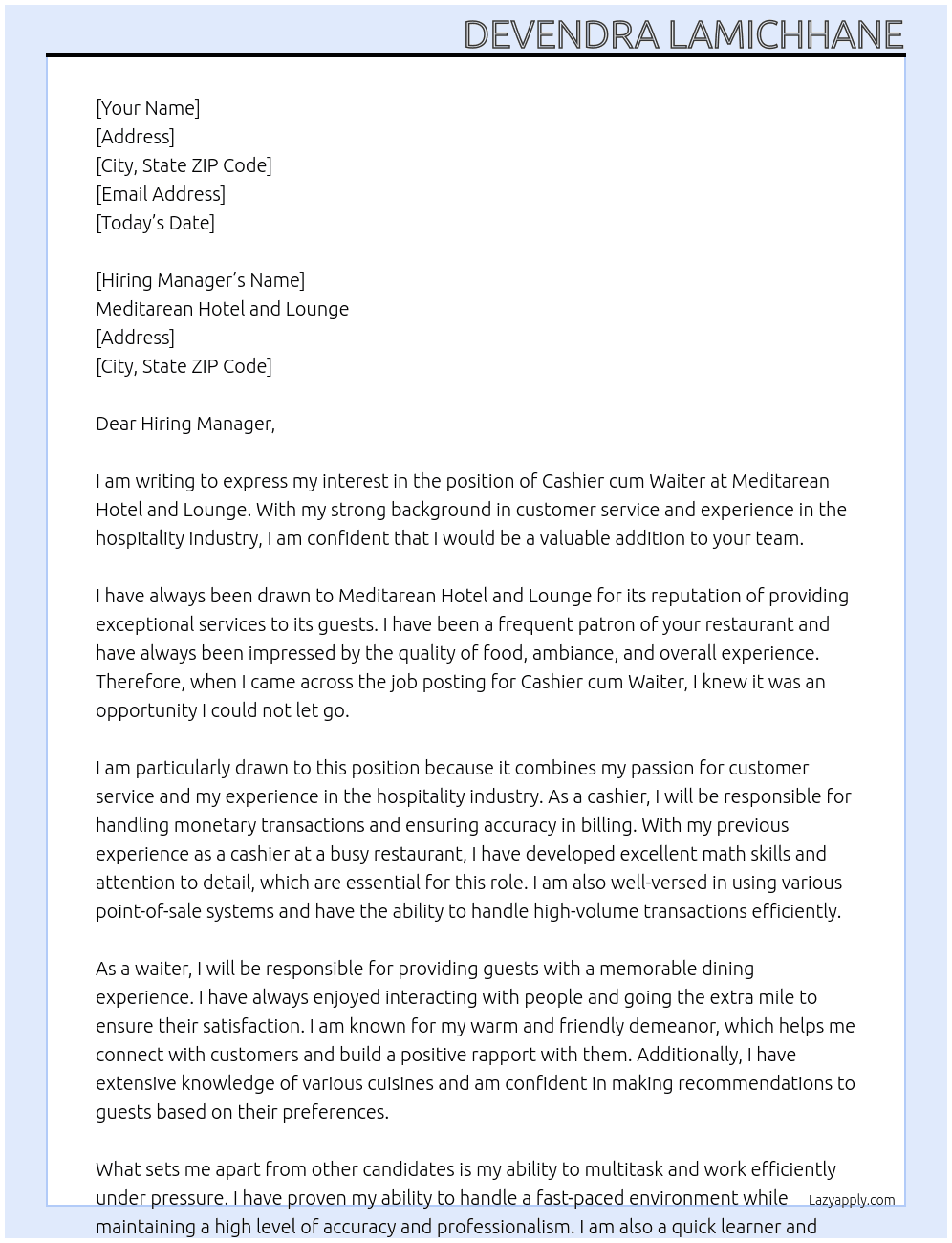 Cashier cum Waiter  At Meditarean Hotel and lounge Cover Letter