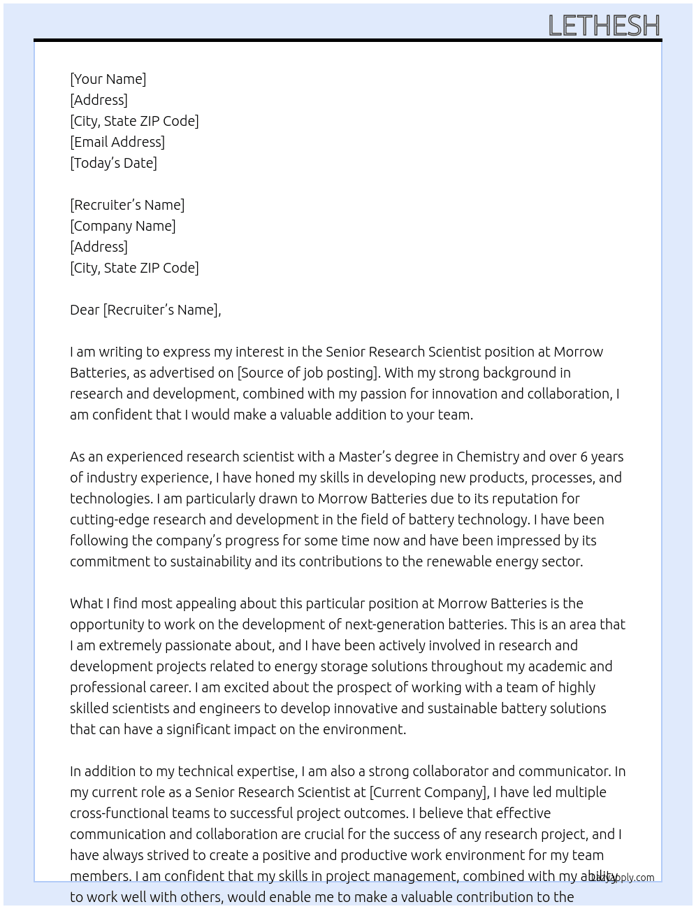 Senior research scientist At Morrow batteries Cover Letter