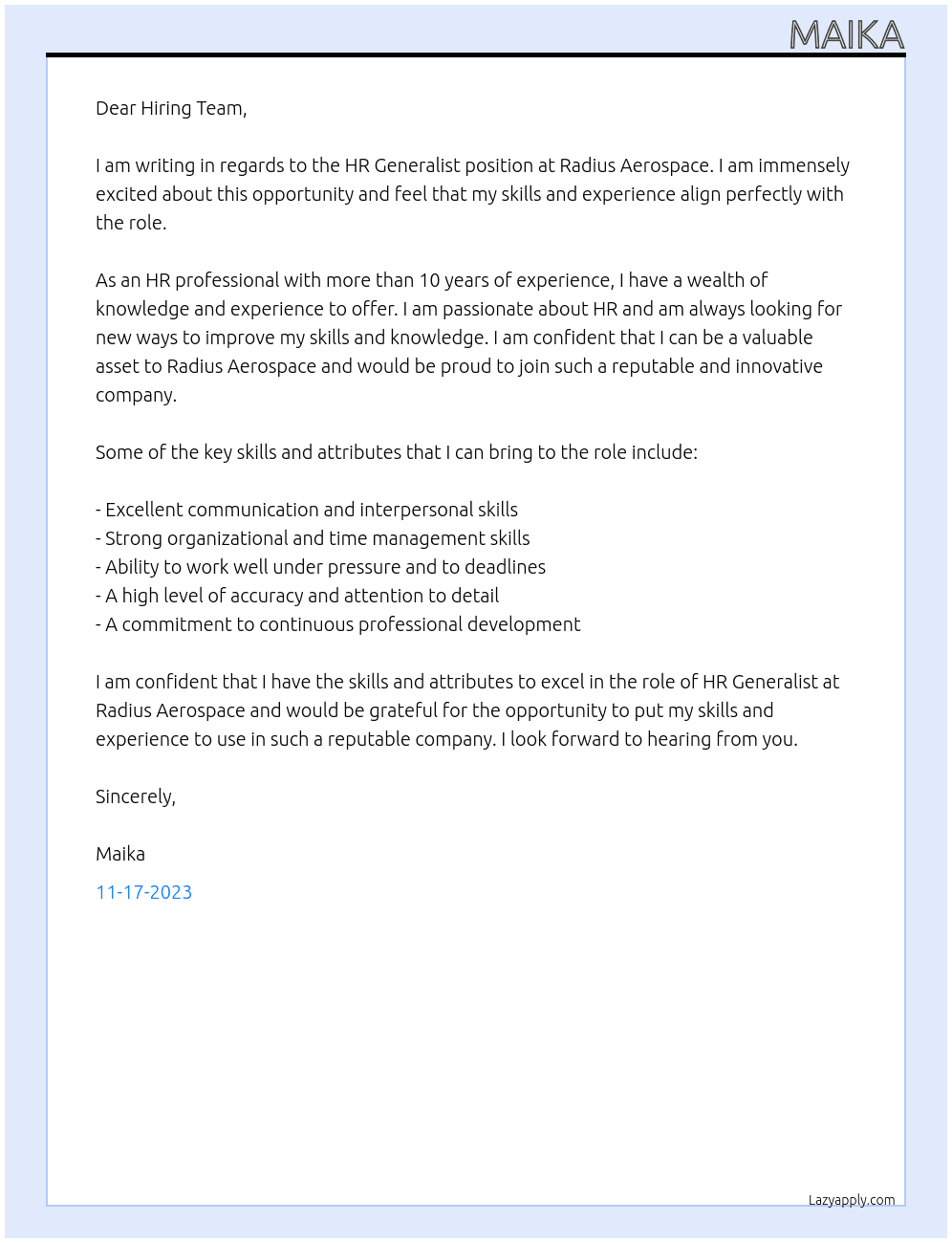 HR Generalist At Radius Aerospace Cover Letter