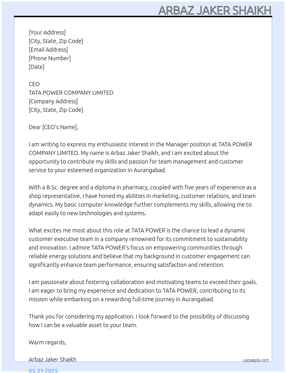 Manager At TATA POWER COMPANY LIMITED Cover Letter