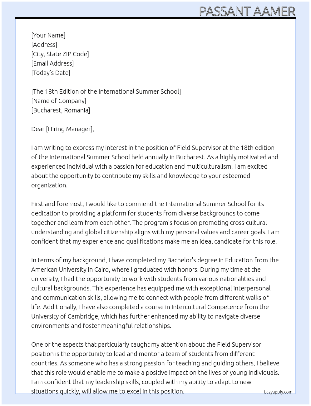 Field Supervisor At International summer school in Bucharest Cover Letter