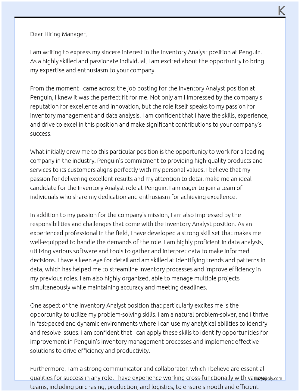 Inventory Analyst At Penguin Cover Letter