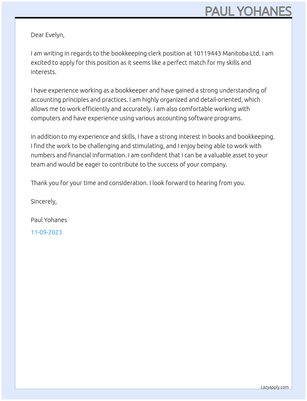 BookBookkeeping clerk At 10119443 Manitoba Ltd Cover Letter