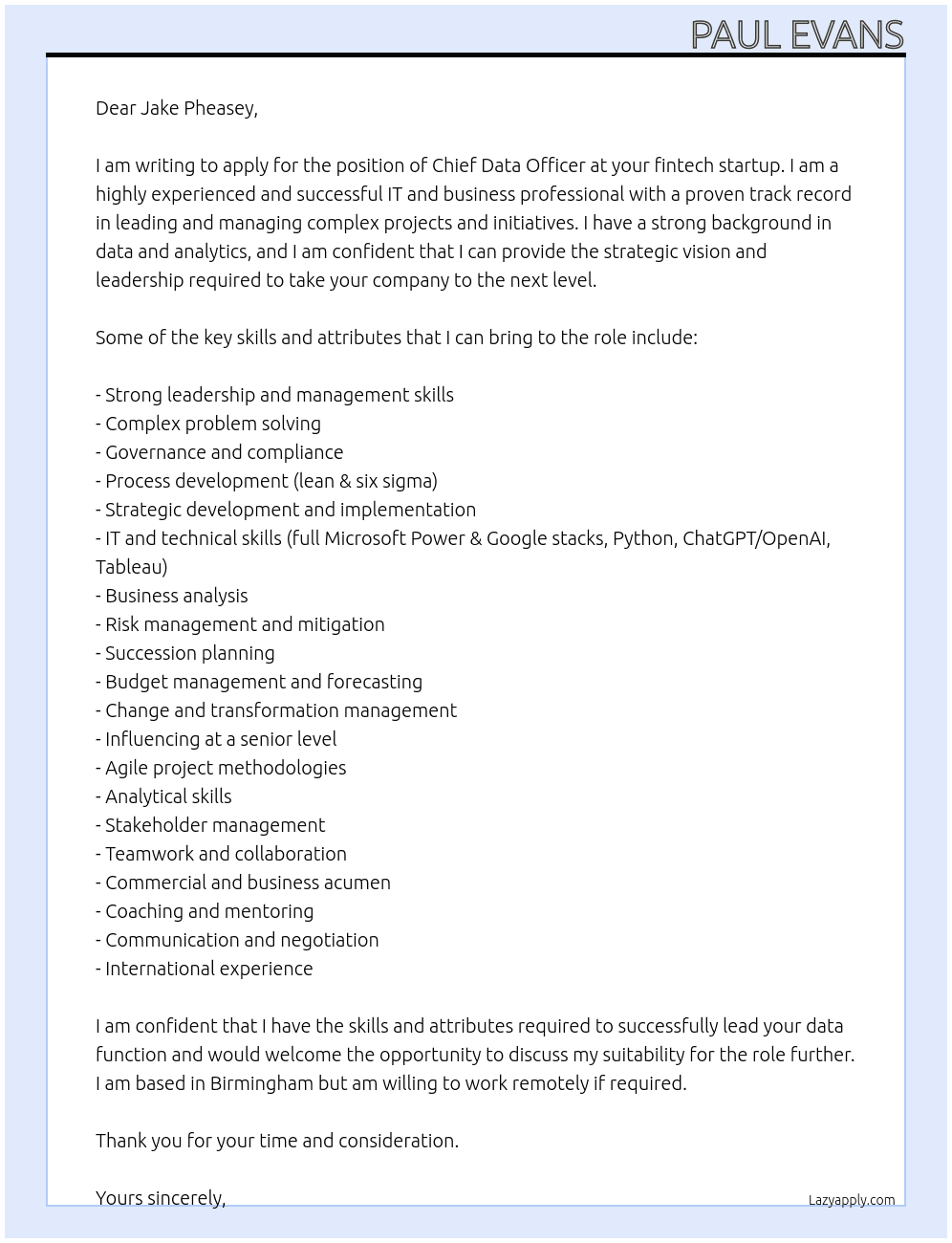 Chief Data Officer At Fintech Startup Cover Letter