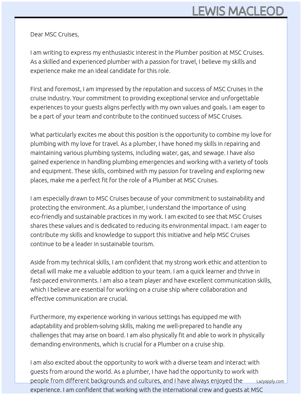 Plumber At MSC Cruises Cover Letter