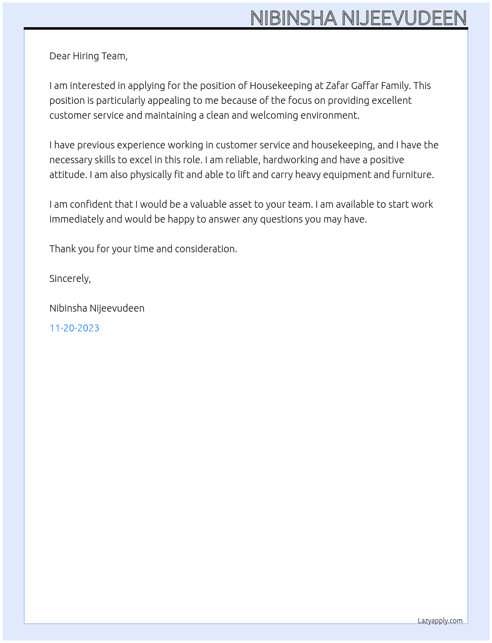 House keeping At Zafar Gaffar Family Cover Letter