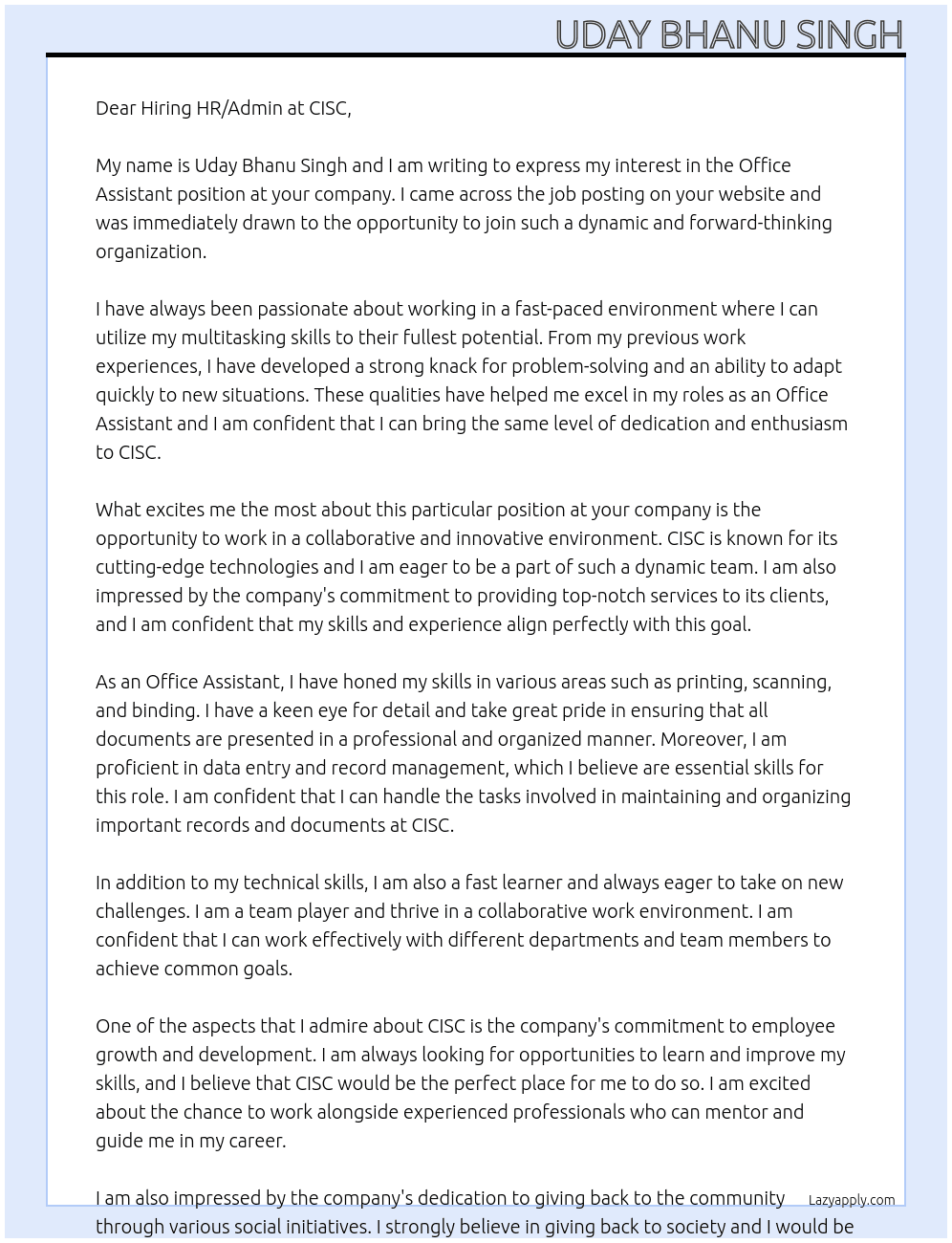 Office Assistant At CISC Cover Letter