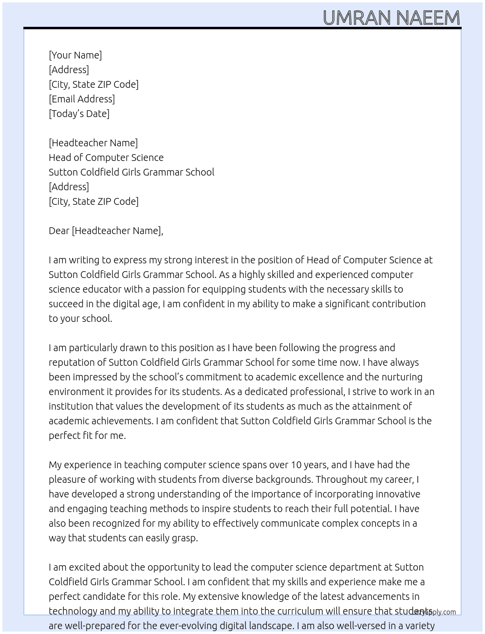 Head of computer science At Sutton Coldfield girls grammar school  Cover Letter