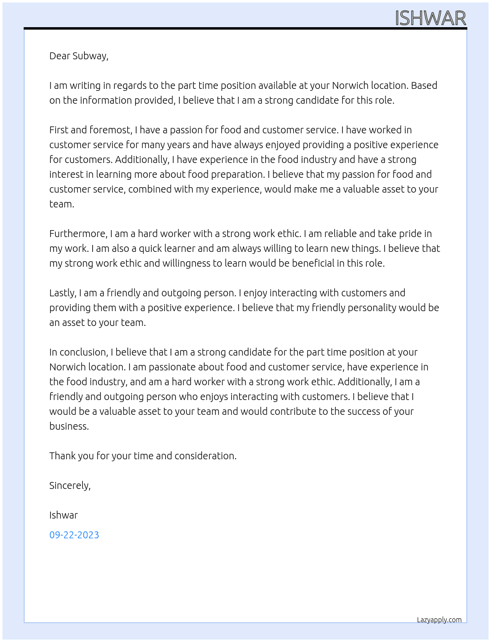 Part time  At Subway  Cover Letter
