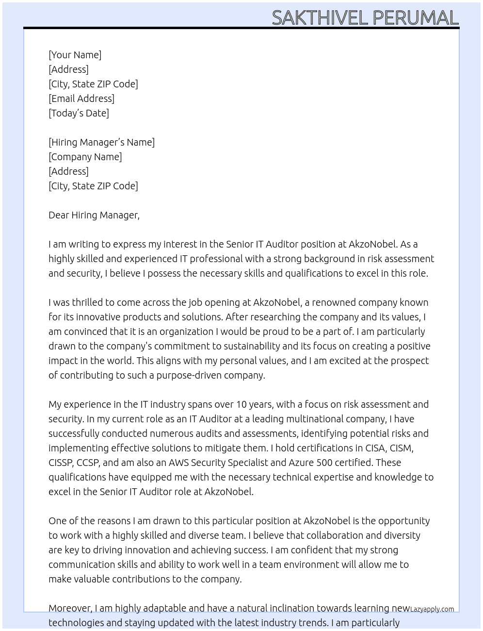 Senior IT Auditor At  AkzoNobel Cover Letter