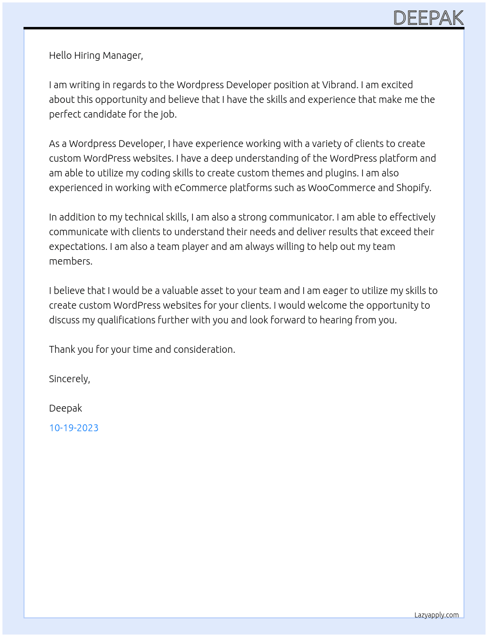 Wordpress Developer At Vibrand Cover Letter
