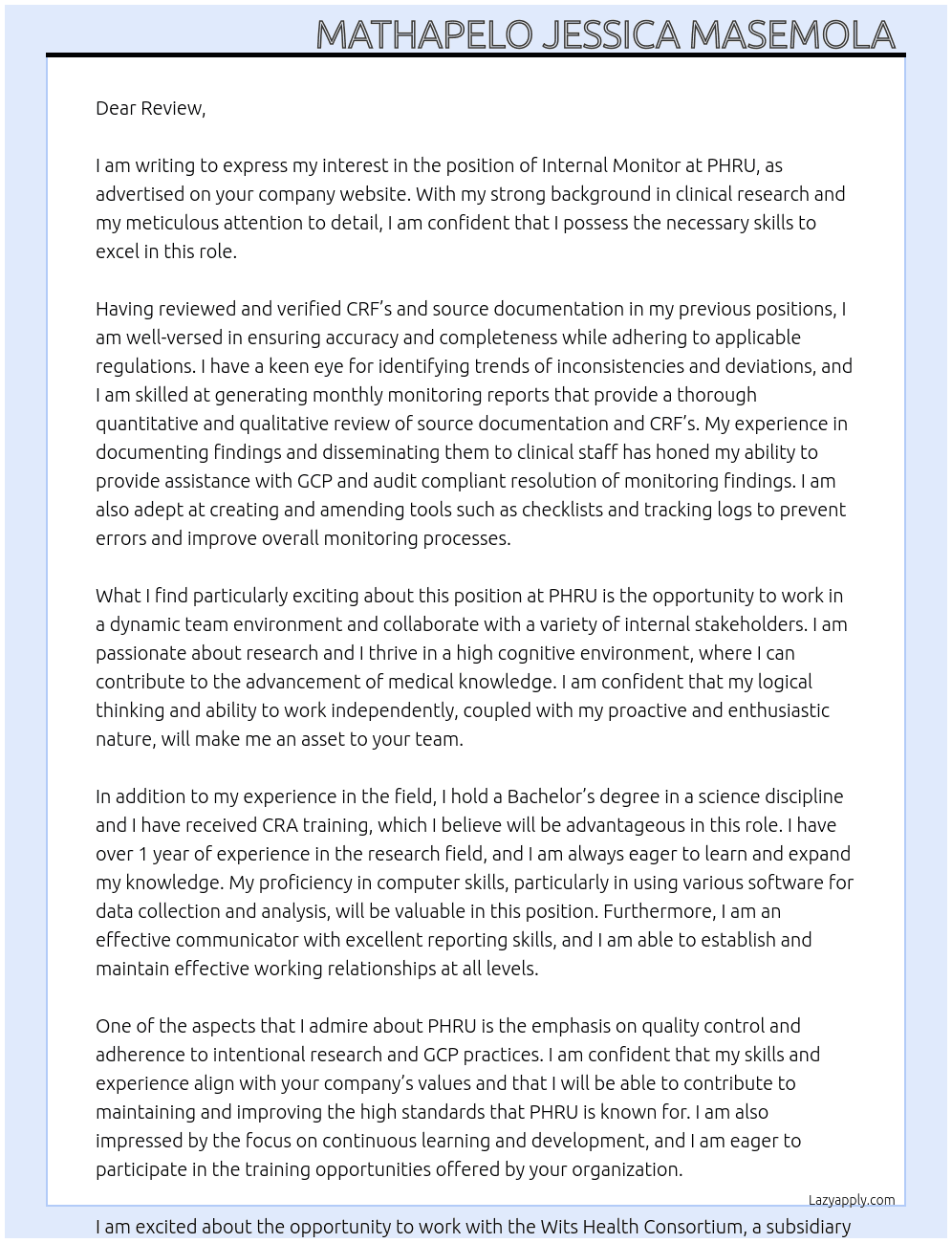 Internal Monitor  At PHRU Cover Letter