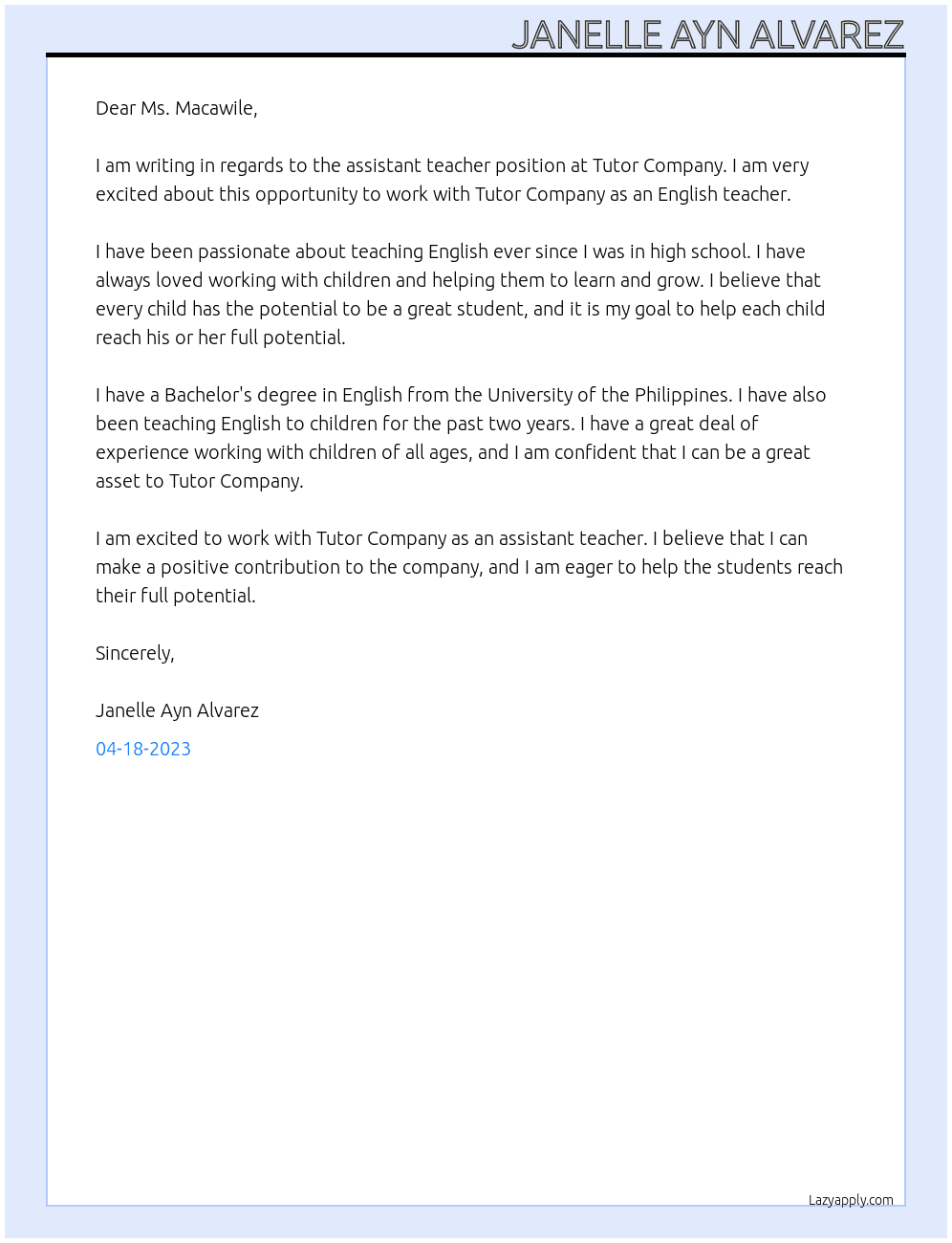 Assistant Teacher At Tutor Company Cover Letter