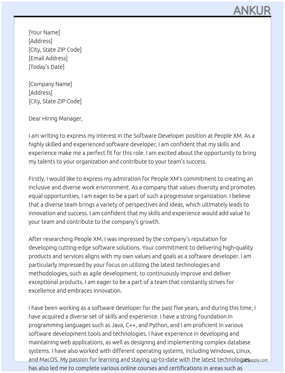 Software developer At People XM Cover Letter