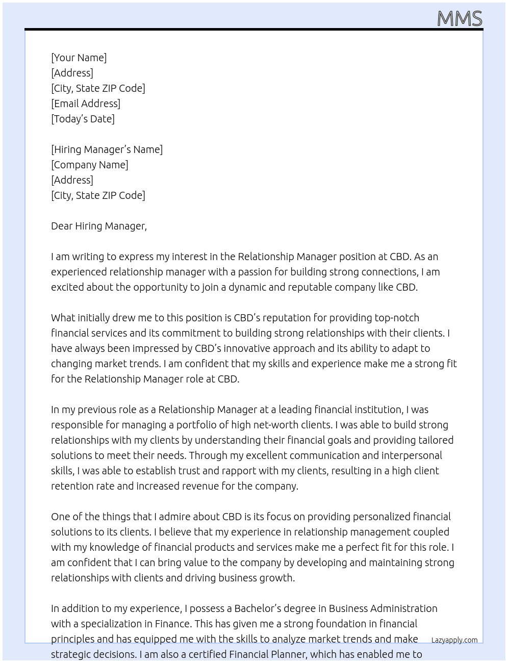 relationship Manager At CBD Cover Letter