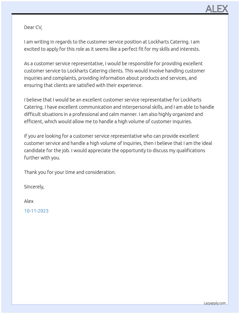 Customer services At Lockharts Catering Cover Letter