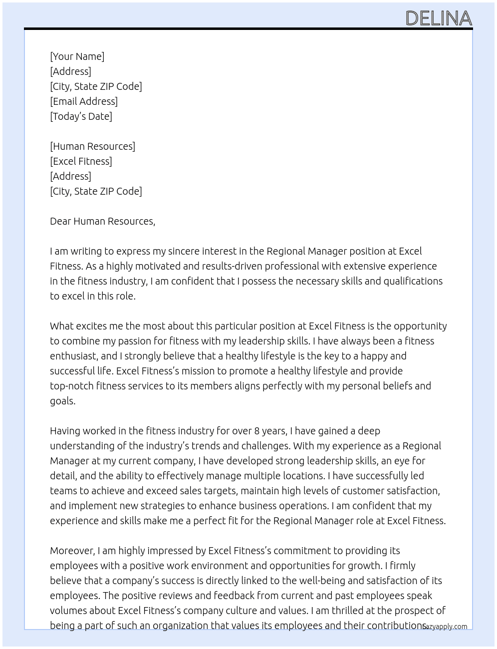 Regional Manager At Excel Fitness Cover Letter
