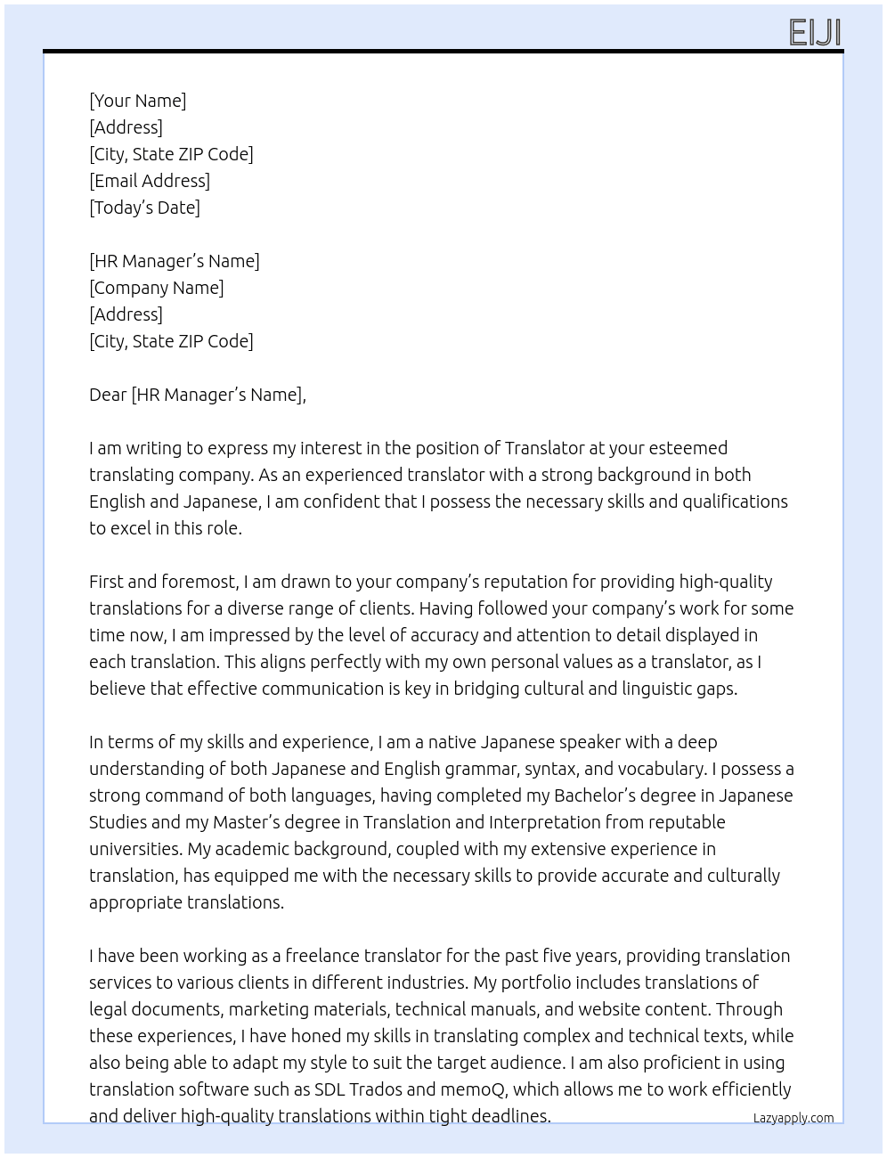 Translator  At Translating company Cover Letter