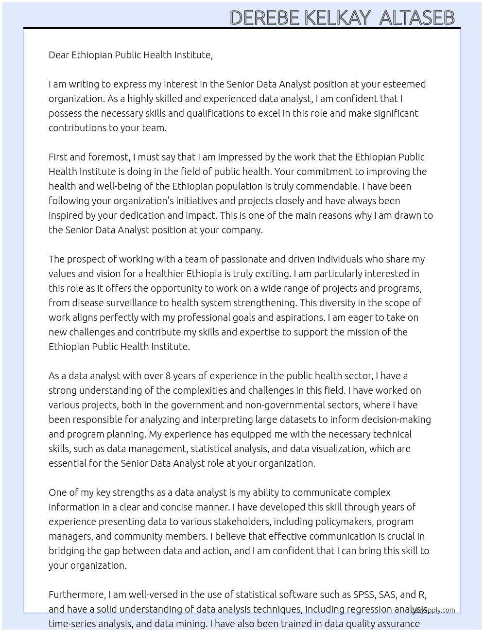 Senior Data Analyst  At Ethiopian Public Health Institute Cover Letter