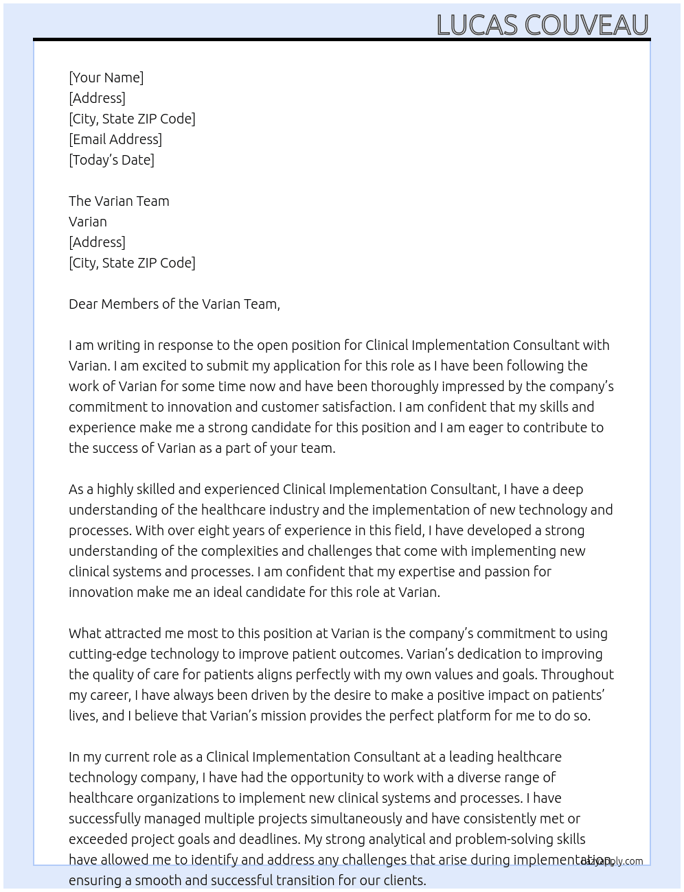 Clinical Implementation Consultant At Varian  Cover Letter