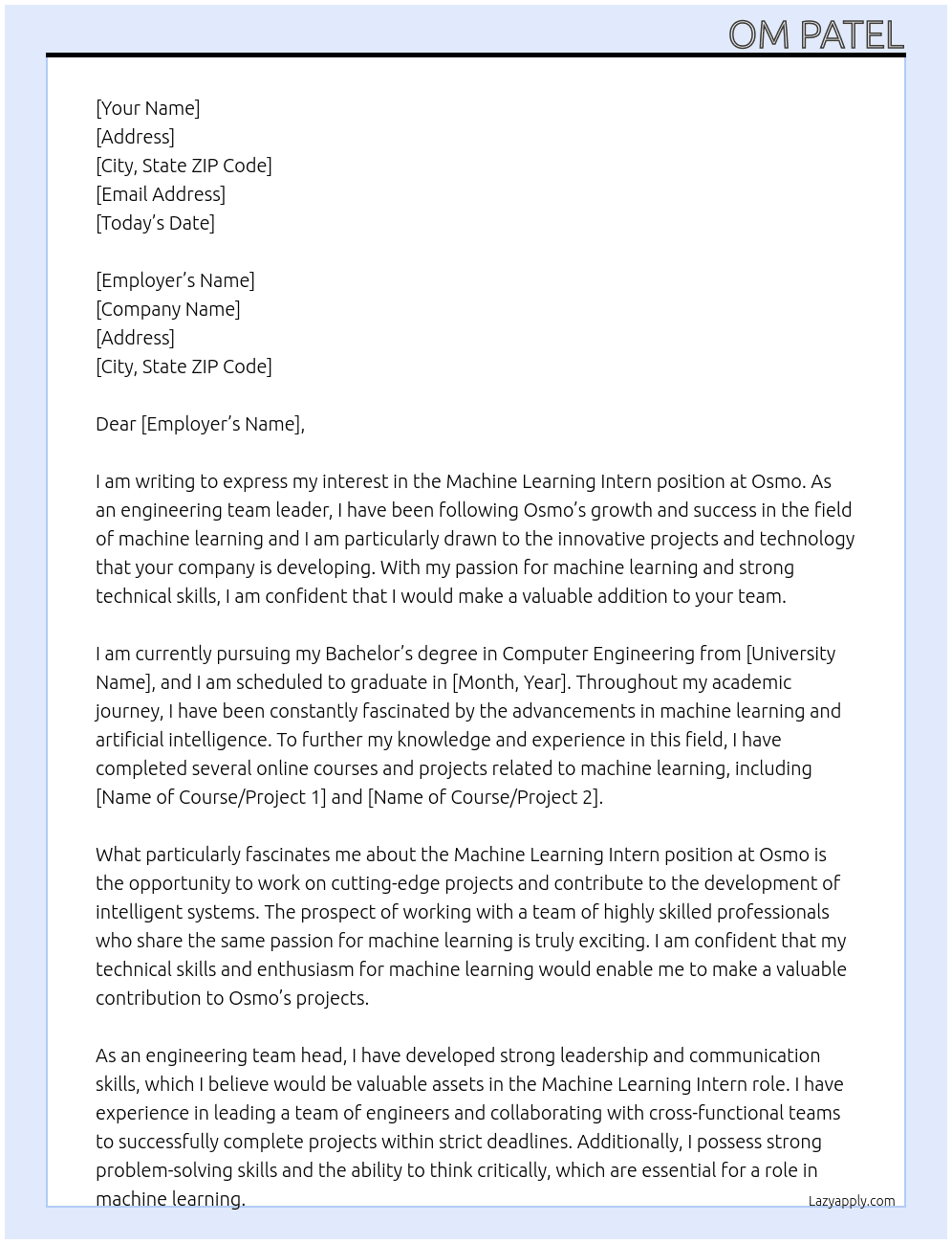 Machine Learning Intern At Osmo Cover Letter